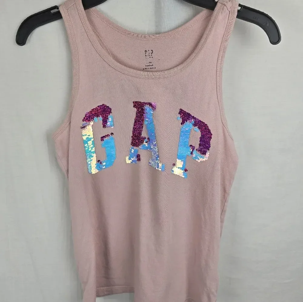 GAP Pink Sequin Logo Tank Top and Blue Jeans Short Set Girls Sz 10